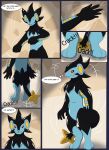 2015 ambiguous_gender anthro biped black_body black_hair blue_body blush close-up colored comic digitigrade english_text female_(lore) feral feral_to_anthro fingers ftm_transformation gender_transformation generation_4_pokemon glistening glistening_body hair hi_res john_(swack16) kirara_(swack16) luxray male markings nintendo onomatopoeia paws plantigrade pokemon pokemon_(species) red_eyes semi-anthro simple_background smile snout solo sound_effects standing tail text transformation wolferion yellow_markings