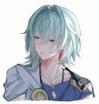  1boy alternate_costume anaxa_(honkai:_star_rail) aqua_hair blue_eyes collarbone fz7047 highres honkai:_star_rail honkai_(series) looking_to_the_side male_focus medium_hair parted_lips pink_pupils simple_background solo teeth upper_body white_background 