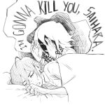  2boys blanket checkered_clothes checkered_scarf closed_eyes collared_shirt danganronpa_(series) danganronpa_v3:_killing_harmony english_text evil_smile greyscale hair_between_eyes hands_up highres male_focus minominoks monochrome multiple_boys oma_kokichi saihara_shuichi scarf shaded_face shirt short_hair sleeping smile sweat under_covers 