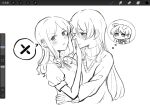  2girls animal_ears art_program_in_frame bang_dream! bang_dream!_it&#039;s_mygo!!!!! blush chihaya_anon closed_mouth covering_another&#039;s_mouth dog_ears greyscale hand_on_another&#039;s_waist highres kemonomimi_mode life_hater_art long_hair long_sleeves monochrome multiple_girls nagasaki_soyo short_sleeves speech_bubble spoken_x sweat thought_bubble yuri 