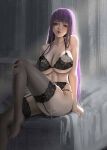  1girl black_bra black_garter_belt black_panties black_thighhighs blunt_bangs bra breasts fern_(sousou_no_frieren) garter_belt highres large_breasts lips long_hair looking_at_viewer panties purple_eyes purple_hair sitting solo sousou_no_frieren thighhighs underwear underwear_only zyl 