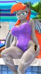 anthro anthroponiessfm bat_pony blue_eyes clothing cutie_mark equid eyewear fan_character female glasses glistening grem_(oc) grey_body hair hasbro hi_res looking_at_viewer mammal membrane_(anatomy) membranous_wings my_little_pony orange_hair reflection sitting solo swimwear water water_reflection wings