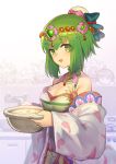  1girl bangs bare_shoulders breasts cleavage commentary_request detached_sleeves eyebrows_visible_through_hair from_side gem green_eyes green_hair hair_ornament highres holding japanese_clothes kimono large_breasts nkmr8 open_mouth puzzle_&amp;_dragons sleeves_past_wrists smile solo_focus 