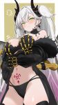  1girl absurdres babydoll bamboo_tac bare_shoulders black_babydoll black_hands black_panties black_thighhighs blush breasts cleavage colored_extremities crossed_arms crossed_bangs demon_girl demon_horns detached_collar earrings fate/grand_order fate_(series) feathered_wings fur_trim green_eyes grey_hair hair_between_eyes highres horns jewelry lace_trim large_breasts lilith_(fate) lilith_(third_ascension)_(fate) long_hair long_sleeves looking_at_viewer navel panties pointy_ears puffy_long_sleeves puffy_sleeves smile solo stomach_tattoo tattoo thighhighs thighs underwear very_long_hair wings 
