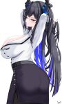  1girl absurdres adjusting_hair arms_behind_head arms_up asymmetrical_horns black_hair black_shirt black_skirt blue_hair breasts cleavage collared_shirt colored_inner_hair crystal_horns demon_horns dress_suit flower hair_tie hair_tie_in_mouth hairdressing hands_in_hair highres holding holding_hair_tie holding_own_hair hololive hololive_english horn_flower horns jewelry large_breasts leather_skirt long_hair long_sleeves looking_at_viewer mole mole_under_eye mouth_hold multicolored_hair nerissa_ravencroft nerissa_ravencroft_(casual) office_lady official_alternate_costume pantyhose pencil_skirt red_eyes shirt skirt solo sylix44 two-tone_hair tying_hair uneven_horns very_long_hair virtual_youtuber white_shirt 