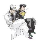  2boys aqua_eyes baggy_pants black_jacket book coat diamond_wa_kudakenai family gakuran green_shoes hat heart higashikata_josuke highres invisible_chair jacket jojo_no_kimyou_na_bouken kujo_jotaro long_coat looking_at_object male_focus multiple_boys musical_note pants peace_symbol pompadour purple_shoes reading school_uniform shirt shoes sitting t_0nd uncle_and_nephew whistling white_background white_coat white_hat white_pants yellow_shirt 