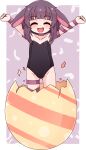  1girl ^_^ absurdres animal_ears ass_visible_through_thighs black_leotard closed_eyes commentary commission easter_egg egg english_commentary fallenshadow flat_chest highres indie_virtual_youtuber kaze_(2kaze5) leotard open_mouth purple_background purple_hair purple_ribbon rabbit_ears rabbit_girl ribbon short_hair simple_background solo strapless strapless_leotard 
