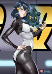  1girl ass blue_eyes blue_hair breasts bronzor bzurrf closed_mouth dawn_(pokemon) dress hair_ornament hairclip highleg highleg_leotard highres holding holding_poke_ball hypnosis leotard logo long_hair long_sleeves looking_at_viewer mind_control poke_ball pokemon pokemon_(creature) pokemon_dppt smile team_galactic team_galactic_uniform thick_thighs thighs white_dress yellow_lips 