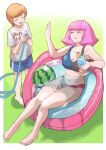  2girls absurdres ball beachball bikini breasts cup drink drinking_straw gundam haman_karn highres holding holding_cup holding_hose hose k_katora mineva_lao_zabi multiple_girls on_grass orange_hair pink_hair purple_eyes short_hair simple_background sliced_fruit smile sweatdrop swimsuit wading_pool watermelon_beachball zeta_gundam 