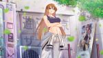  1girl arms_under_breasts blue_eyes blurry blurry_background breasts brown_hair closed_mouth commentary commission crop_top english_commentary falling_leaves groin hair_ornament hairclip hiiragi_asuka_(tokyo_xanadu) large_breasts leaf long_hair looking_at_viewer navel official_art_inset outdoors pants samsam_s2s solo standing tokyo_xanadu white_pants 