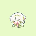  1girl ;3 ahoge animal_ears artist_name asymmetrical_legwear byebi chibi chibi_only english_text ferret ferret_ears ferret_girl ferret_tail gradient_hair gradient_tail green_hair green_tail hair_between_eyes hairband hand_on_own_face laimu_(vtuber) laimu_(vtuber)_(cozy) multicolored_hair multicolored_tail one_eye_closed overalls pink_overalls single_sleeve_past_fingers sleeves_past_fingers sleeves_past_wrists sweater tail thighhighs twintails two-tone_hair two-tone_tail vinesauce virtual_youtuber white_hair white_tail 