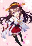  1girl bare_shoulders blush breasts brown_eyes cosplay cvtm gradient_background hair_between_eyes hair_ornament hairband hairclip haruna_(kancolle) haruna_(kancolle)_(cosplay) haruna_kai_ni_(kancolle) headgear highres japanese_clothes kantai_collection kisaragi_(kancolle) long_hair looking_at_viewer nontraditional_miko open_mouth petals pink_background purple_eyes ribbon-trimmed_sleeves ribbon_trim skirt smile solo thighhighs 