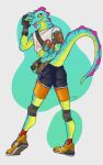 5:8 anthro athletic athletic_male bandolier black_clothing blep bottomwear butt butt_pose clothed clothed_anthro clothed_male clothing crop_top digital_media_(artwork) epic_games exposure_variation fanny_pack fingerless_gloves footwear fortnite gloves green_body hand_on_face handwear hi_res knee_pads krowbutt lizard lizzik_(fortnite) looking_at_viewer looking_back looking_back_at_viewer male orange_clothing orange_footwear plantigrade pose raised_heel reptile ripped_sleeves scales scalie shirt shoes shorts simple_background smile smiling_at_viewer solo tail tongue tongue_out topwear torn_clothing torn_shirt torn_topwear white_clothing