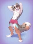 anthro bailey_(baileyboy) blue_collar bottomwear brown_body brown_fur canid canine canis cheek_tuft chest_tuft clothed clothing collar domestic_dog facial_tuft famir full-length_portrait fur glistening glistening_eyes grey_body grey_fur hi_res leg_tuft looking_at_viewer male mammal one_eye_closed open_mouth open_smile orange_eyes portrait red_bottomwear red_clothing simple_background smile solo standing topless tuft white_body white_fur