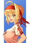  1girl absurdres ahoge bangs blonde_hair blue_background braid breasts commentary_request eyebrows_visible_through_hair fate/grand_order fate_(series) from_side green_eyes gym_uniform hair_intakes hair_ribbon highres imuzi large_breasts looking_at_viewer nero_claudius_(fate) nero_claudius_(fate)_(all) open_mouth red_ribbon ribbon shirt short_hair short_sleeves simple_background smile solo two-tone_background white_background white_shirt 