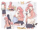  2girls animal blue_eyes blush bocchi_the_rock! brown_shoes carrying carrying_person commentary commentary_request cube_hair_ornament dog dress flying_sweatdrops gotoh_futari gotoh_hitori grey_skirt hair_ornament highres instrument_case jacket jimihen leash long_hair mikan-uji multiple_girls no_shoes one_side_up pants pants_under_skirt piggyback pink_hair pink_jacket pink_pants pleated_skirt shiba_inu shoes short_hair siblings sisters skirt socks track_pants translation_request white_dress white_socks 