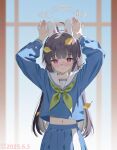  1girl absurdres ahoge animal_ears arms_up black_hair blue_archive blue_serafuku blue_skirt blush commentary fake_animal_ears green_neckerchief grey_halo halo highres leaf leaf_on_head long_hair long_sleeves midriff miyu_(blue_archive) navel neckerchief pleated_skirt rabbit_ears red_eyes school_uniform serafuku shirt skirt solo sweatdrop yi_ming_lan_qu 