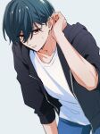  1boy arm_up black_jacket blue_pants closed_mouth commentary_request crew_neck fingernails free! hair_behind_ear hair_between_eyes highres hood hood_down hooded_jacket ikuya_kawaii jacket kirishima_ikuya leaning_forward male_focus open_clothes open_jacket pants red_eyes shirt short_hair solo sweatdrop unzipped white_background white_shirt zipper 