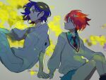  1boy 1girl amate_yuzuriha aqua_eyes aqua_shirt aqua_skirt blue_hair breasts closed_mouth collared_shirt gundam gundam_gquuuuuux highres holding long_sleeves multicolored_hair necktie purple_hair red_eyes red_hair school_uniform shirt short_hair shuji_ito skirt sweater two-tone_hair wavenoma white_shirt 