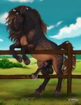 animal_genitalia animal_penis balls black_body black_fur brown_body brown_fur brown_mane equid equine equine_genitalia equine_penis erection fenn.perrox feral flared_penis fur genitals hi_res horse looking_at_viewer male mammal mane penis sheath solo yellow_eyes