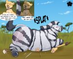 2024 ahadi_(squashedflat) artist_logo belly_smother big_butt blossonflower bodily_fluids butt butt_smother comic english_text equid equine felid female female/female feral flattened grass group hi_res huge_butt hyena lion logo mammal outside pantherine pawpads plant quadruped sefira_(squashedflat) size_difference sky smothering speech_bubble squashed_body squish striped_body stripes sweat sweaty_butt text trio zebra