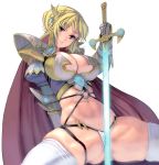 1girl arm_support armor blonde_hair breasts brown_eyes cape curvy highres knight looking_at_viewer masao original revision short_hair simple_background sitting solo sword thick_thighs thighhighs thighs weapon white_background white_legwear 
