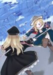 2girls absurdres azur_lane black_capelet black_dress black_hat black_pantyhose bleeding blonde_hair blood blood_on_face blood_on_leg blood_on_weapon blue_capelet blue_dress blue_eyes capelet commentary_request commission cotatubo cuts dark_persona dress duel dutch_angle frilled_dress frills gloves hat highres holding holding_sword holding_weapon hood_(azur_lane) injury long_hair long_sleeves multiple_girls pantyhose peaked_cap pixiv_commission sword tilted_headwear union_jack weapon white_gloves white_hat 