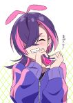  1girl absurdres antenna_hair closed_eyes colored_inner_hair commentary dot_(pokemon) facing_viewer hair_over_one_eye heart heart_hands highres jacket long_sleeves medium_hair multicolored_hair pink_hair plus_ta pokemon pokemon_(anime) pokemon_horizons purple_hair simple_background solo symbol-only_commentary teeth two-tone_hair upper_body 