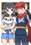  1boy 1girl :&lt; akari_(pokemon) bag beret black_hair black_sleeves blue_eyes blue_pants blue_shorts blush border brown_sash closed_eyes closed_mouth commentary crossed_arms galaxy_expedition_team_survey_corps_uniform hair_ornament hand_on_headwear hand_on_own_hip hand_up hanten_(clothes) hat highres holding holding_pokemon japanese_clothes long_hair looking_at_another looking_to_the_side obi open_mouth oshawott outside_border pants pokemon pokemon_(creature) pokemon_legends:_arceus red_hat red_scarf rei_(pokemon) sash satchel scarf shirt short_hair shorts sideways_glance smile standing white_border white_shirt yuu_(jgvj7873) 