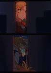  3girls ahoge artoria_pendragon_(all) artoria_pendragon_(lancer) blonde_hair blue_vest fate/grand_order fate_(series) from_side green_eyes highres imminent_kiss jacket letterboxed long_hair looking_at_viewer mordred_(fate)_(all) morgan_le_fay_(fate) multiple_girls multiple_views red_jacket short_hair sidelocks vest yorukun 
