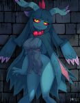  1girl arm_at_side arm_behind_back artist_name bead_necklace beads blue_cloak blue_hair blue_skin blunt_bangs blush breasts brick_wall cloak closed_mouth colored_sclera colored_skin colored_tips commentary covered_nipples dress english_commentary fang flutter_mane grey_dress half-closed_eyes happy head_wings highres holding_own_arm jewelry long_hair looking_at_viewer medium_breasts monster_girl multicolored_hair necklace no_panties patreon_logo patreon_username pelvic_curtain personification pokemon pokemon_(creature) purple_hair red_sclera rilex_lenov short_dress sideboob sidelocks skin_fang smile solo standing stitches thighs two-tone_hair watermark web_address wings yellow_eyes 