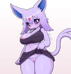 2025 anthro biped blush bottomwear breasts clothed clothing digital_media_(artwork) eeveelution espeon eyebrows female fingers forked_tail generation_2_pokemon genitals hair hi_res kionant looking_at_viewer navel nintendo nipple_slip nipples no_underwear pokemon pokemon_(species) pokemorph simple_background skirt solo tail unusual_anatomy unusual_tail vulva white_background
