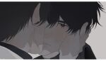  2boys black_eyes black_hair black_shirt commentary crying crying_with_eyes_open grey_background greyscale hand_on_another&#039;s_face hashtag-only_commentary highres imminent_kiss in1 kim_dokja letterboxed male_focus monochrome multiple_boys omniscient_reader&#039;s_viewpoint parted_lips shirt short_hair streaming_tears tears teeth upper_body yaoi yoo_joonghyuk 