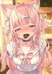 1girl absurdres animal_ear_fluff animal_ears antenna_hair arms_behind_back blush breasts candy chocolate classroom collar food furrowed_brow hair_ornament hair_ribbon hairclip hakui_koyori hakui_koyori_(school_uniform) hanami_mai heart heart-shaped_chocolate heart-shaped_food highres hololive looking_at_viewer mouth_hold parted_bangs pendant_collar pink_hair pink_ribbon pink_sailor_collar plaid_clothes plaid_skirt puffy_short_sleeves puffy_sleeves purple_eyes ribbon sailor_collar shirt short_sleeves skirt sleeve_slit solo tail two_side_up upper_body virtual_youtuber white_shirt wolf_ears wolf_tail 