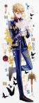  1boy absurdres black_shoes blonde_hair blue_jacket blue_pants braid bug bullet butterfly cabbage-2012 character_name chromatic_aberration cleavage_cutout clothing_cutout collared_jacket cup earrings film_grain flower full_body giorno_giovanna gloves green_eyes highres holding holding_flower jacket jewelry jojo_no_kimyou_na_bouken key ladybug ladybug_ornament long_hair male_focus pants parted_lips polearm shoes solo spear standing standing_on_one_leg stud_earrings symbolism vento_aureo victory_rolls weapon white_background white_gloves 