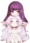  2girls =_= blush bright_pupils closed_mouth commentary dress earrings elf fern_(sousou_no_frieren) floating_earrings frieren highres jewelry long_hair moku_(muooku) multiple_girls pointy_ears purple_eyes purple_hair short_eyebrows simple_background smile sousou_no_frieren teardrop_earrings thick_eyebrows white_background white_dress white_hair white_pupils 