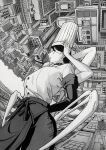  1girl apron arthropod_limbs black_gloves black_hair blood blood_drip blood_from_eyes blood_from_mouth chainsaw_man chef chef_hat closed_eyes disembodied_head elbow_gloves english_commentary extra_arms falling_devil_(chainsaw_man) flat_top_chef_hat gloves greyscale hat highres holding_detached_head long_arms mithamaito monochrome nosebleed severed_head short_hair solo waist_apron 