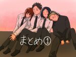  2boys 2girls black_hair black_necktie black_pants black_shirt bob_cut bradley_hana breasts brown_hair collared_shirt doug_(youchien_wars) gradient_background green_hair head_on_another&#039;s_shoulder head_rest highres inomoto_natsuki long_bangs long_sleeves mole mole_under_eye multicolored_hair multiple_boys multiple_girls necktie pants rita_(youchien_wars) sasugaaneki shirt sitting sleeping sleeping_on_person stitched_face stitches turtleneck white_shirt youchien_wars 
