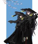  1boy 1girl ajirogasa bandaged_arm bandages black_hair black_robe blue_background blue_eyes bob_cut border cherry_blossoms conical_hat grey_scarf hand_wraps hat heishou_pack-mao_branch_(identity)_(project_moon) heterochromia high_ponytail highres hong_lu_(project_moon) limbus_company llllao216913 long_hair long_sleeves one_eye_in_shadow ponytail project_moon red_eyes rice_hat robe ryoshu_(project_moon) scarf short_hair simple_background standing sword sword_on_back upper_body very_long_hair weapon weapon_on_back white_border 