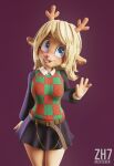 2025 2_horns 3d_(artwork) 4_fingers anthro antlers artist_name belt belt_chain blonde_hair blue_eyes bottomwear buckteeth clothing deer deltarune digital_media_(artwork) eyebrows eyelashes female fingers freckles hair hi_res horn inner_ear_fluff legs_together long_hair looking_at_viewer mammal miniskirt noelle_holiday pink_nose shirt skirt smile solo standing sweater sweater_vest teeth text topwear tuft undertale_(series) vest zh7