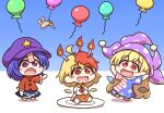  3girls american_flag american_flag_dress american_flag_legwear american_flag_print american_flag_shirt balloon bird_wings birthday blonde_hair blue_hair blush blush_stickers candle chibi chinese_clothes clownpiece commentary dress fairy_wings feathered_wings flag_print happy_birthday hat hat_ornament highres jester_cap jiangshi jiangshi_costume long_hair miyako_yoshika multicolored_hair multiple_girls neck_ruff niwatari_kutaka ofuda open_mouth orange_dress polka_dot polka_dot_headwear print_shirt purple_hair purple_hat red_eyes red_hair shirt shitacemayo short_hair slug smile star_(symbol) star_hat_ornament star_print striped_clothes striped_dress talisman touhou transparent_wings two-tone_hair undead vampire wings yellow_wings zombie 