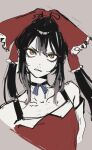  1girl black_choker black_hair bow brown_eyes choker clenched_teeth commentary cookie_(touhou) detached_sleeves frilled_bow frilled_hair_tubes frills grey_background grey_hair hair_bow hair_tubes hakurei_reimu highres looking_at_viewer morinopome2 multicolored_hair red_bow red_tank_top sidelocks simple_background solo tank_top teeth touhou two-tone_hair upper_body v-shaped_eyebrows white_sleeves yuyusu_(cookie) 