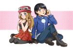  1boy 1girl black_hair black_shoes black_thighhighs blue_jacket blush boots brown_hair calem_(pokemon) eyewear_on_headwear full_body grey_eyes hat highres jacket pleated_skirt pokemon pokemon_xy red_hat serena_(pokemon) shoes sitting skirt sunglasses thighhighs unknown-amelia 
