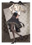  1girl absurdres animal_ear_hairband animal_ears arm_behind_back blonde_hair blush bodystocking border bow bowtie character_name checkered_background fake_animal_ears fishnet_bodystocking fishnets frilled_thigh_strap full_body gakuen_idolmaster grin hair_ornament hairband hairclip high-low_skirt high_heels highres idolmaster leg_up looking_at_viewer orange_eyes outside_border pantyhose shinosawa_hiro smile solo standing standing_on_one_leg tamago_sando thigh_strap twintails white_border wrist_cuffs 