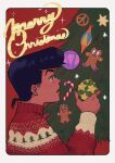  absurdres black_border black_hair blue_eyes border candy candy_cane christmas christmas_sweater christmas_tree decorating_christmas_tree diamond_wa_kudakenai english_text film_grain food from_side gingerbread_man higashikata_josuke highres hirose_koichi holding_ornament jojo_no_kimyou_na_bouken male_focus merry_christmas nijimura_okuyasu parted_lips peace_symbol pompadour red_background red_sweater short_hair solo_focus sweater t_0nd white_border 