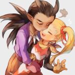  1boy 1girl belt black_shirt blonde_hair brown_hair closed_eyes collarbone couple cowboy_shot dark-skinned_male dark_skin dragon_quest dragon_quest_builders_2 dress earrings female_builder_(dqb2) gloves grey_background hair_horns hair_pulled_back hair_ribbon hand_on_another&#039;s_arm hands_on_another&#039;s_waist head_on_head head_rest hetero hoop_earrings hotaro_(bread_fusa) hug hug_from_behind jewelry low_ponytail neckerchief necklace one_eye_covered open_clothes open_mouth open_shirt orange_gloves orange_pants pants pointy_ears ponytail puff_of_air purple_shirt red_belt red_dress red_gloves red_ribbon ribbon shirt shirt_under_dress sidoh_(dqb2) silver_earrings smile spiked_hair tan tooth_necklace twintails two-tone_dress white_dress yellow_neckerchief 