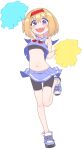  1girl :d absurdres alice_margatroid alternate_costume bike_shorts_under_skirt black_shorts black_sports_bra blonde_hair blue_eyes blue_shirt blue_shoes cheerleader cookie_(touhou) crop_top flat_chest frilled_hairband frills full_body hairband highres holding holding_pom_poms looking_at_viewer midriff miniskirt navel open_mouth pom_pom_(cheerleading) pyukasshori red_hairband sharp_teeth shirt shoes short_hair shorts simple_background skirt sleeveless sleeveless_shirt smile sneakers solo sports_bra standing standing_on_one_leg taisa_(cookie) teeth touhou v-shaped_eyebrows white_background 