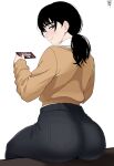  1girl absurdres ass ass_focus balatro black_eyes black_hair black_pants brown_sweater chainsaw_man closed_mouth english_commentary highres holding holding_phone light_smile looking_at_viewer lorddantesito medium_hair mitaka_asa pants phone ponytail simple_background sitting solo sweater white_background 