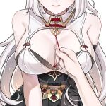  1girl absurdres adapted_costume asymmetrical_gloves bare_shoulders breast_focus breasts cleavage close-up closed_mouth commentary elbow_gloves english_commentary eyes_out_of_frame gloves hair_ornament head_out_of_frame highres large_breasts long_hair mole mole_on_chest rosheil single_elbow_glove solo_focus very_long_hair white_hair yin_yang_pin yixuan_(zenless_zone_zero) zenless_zone_zero 