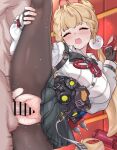  1boy 1girl :o absurdres alice_thymefield animal_ears bar_censor black_skirt blonde_hair blush breasts censored closed_eyes daram_(shappydude) fingerless_gloves gloves hand_on_own_leg hetero highres indoors large_breasts long_hair md5_mismatch open_mouth orange_eyes pantyhose penis pleated_skirt sex shirt skirt split standing standing_on_one_leg standing_sex standing_split sweat teeth torn_clothes torn_pantyhose upper_teeth_only vaginal white_shirt zenless_zone_zero 